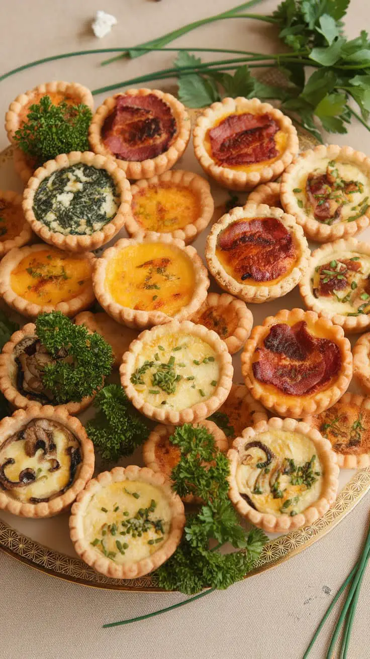 An assortment of mini quiches on a plate, featuring various fillings and garnished with parsley.