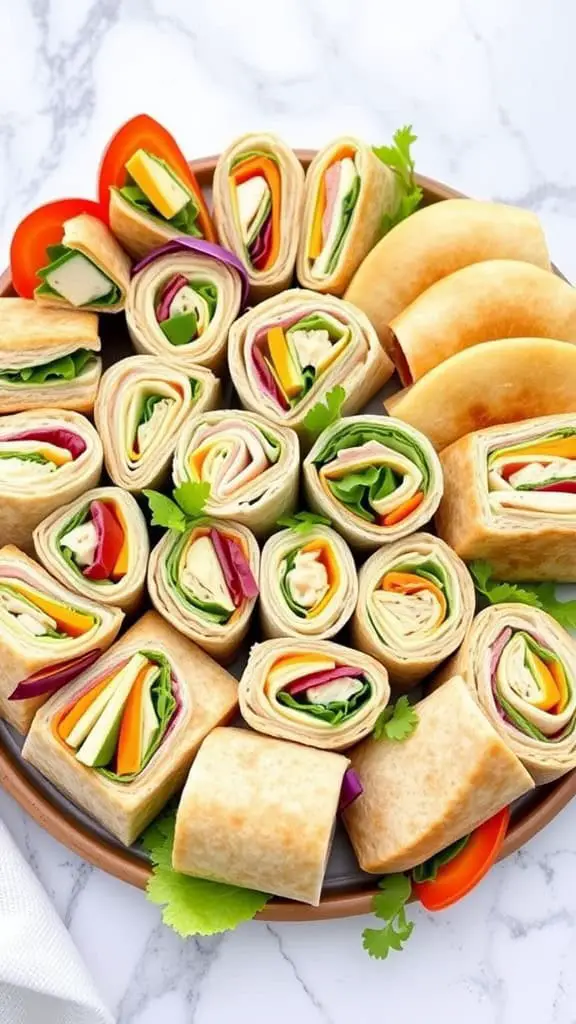 A colorful platter filled with mini sandwiches and wraps, featuring various fresh ingredients.