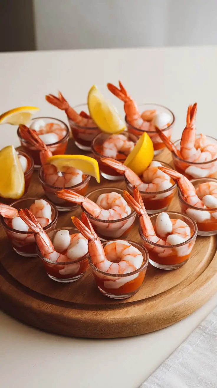 Mini shrimp cocktail cups arranged on a wooden platter, garnished with lemon slices.