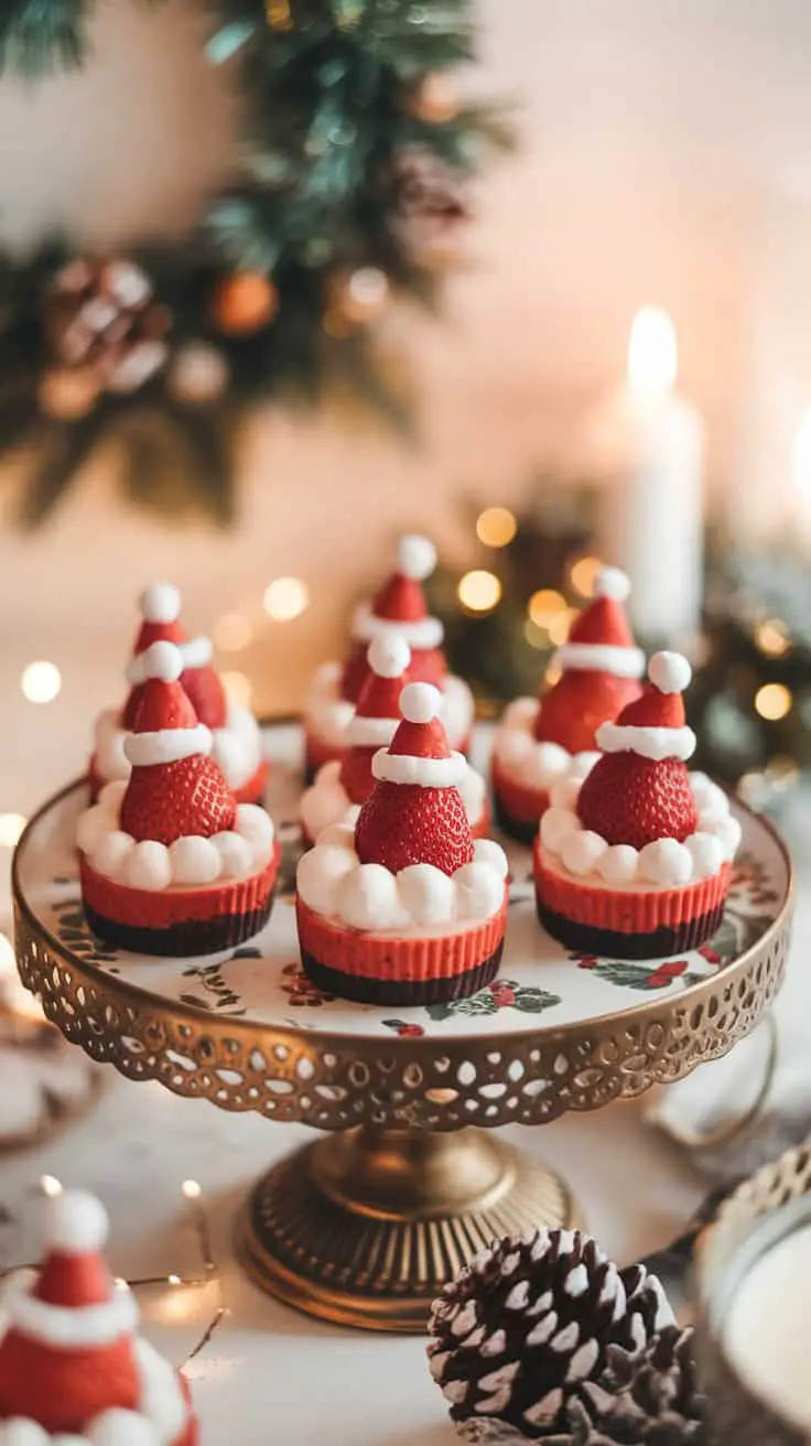 Mini cheesecake cups decorated with strawberries and whipped cream, designed to resemble Santa hats.