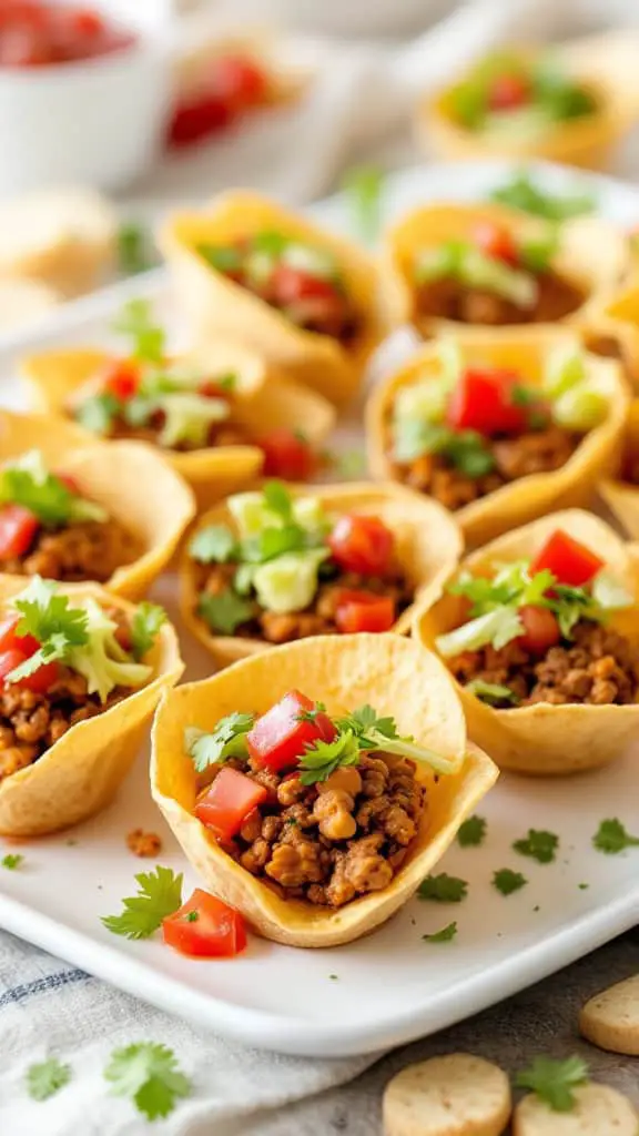 A platter of mini taco cups filled with ground meat, topped with diced tomatoes and cilantro.