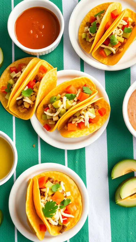 Mini tacos filled with colorful toppings and served with dipping sauces