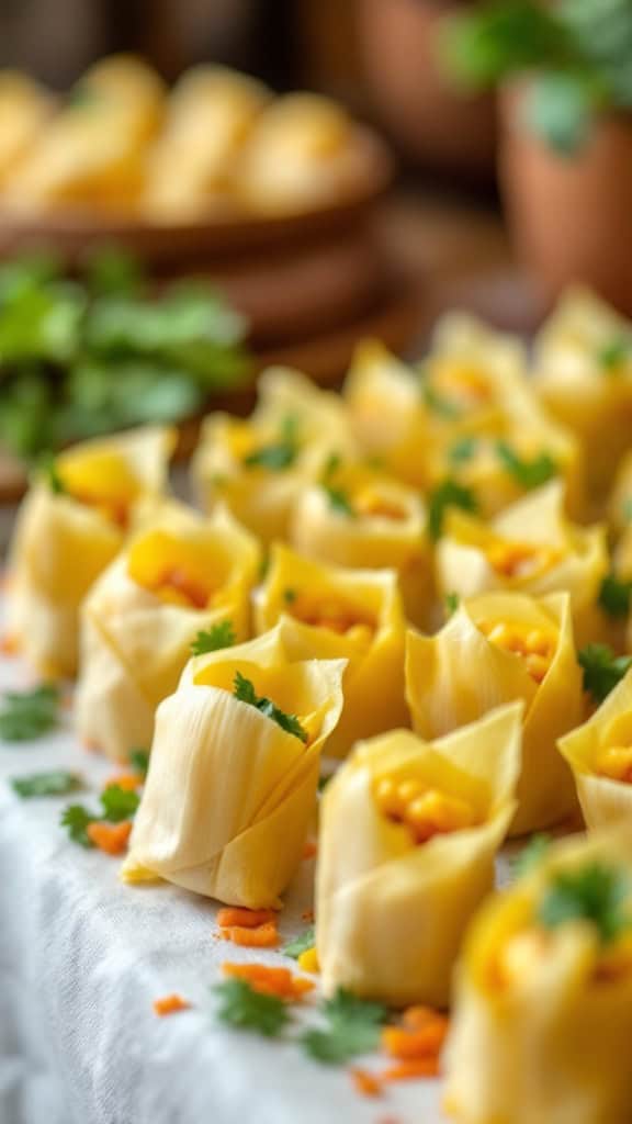 A close-up of mini tamale bites filled with colorful ingredients garnished with cilantro