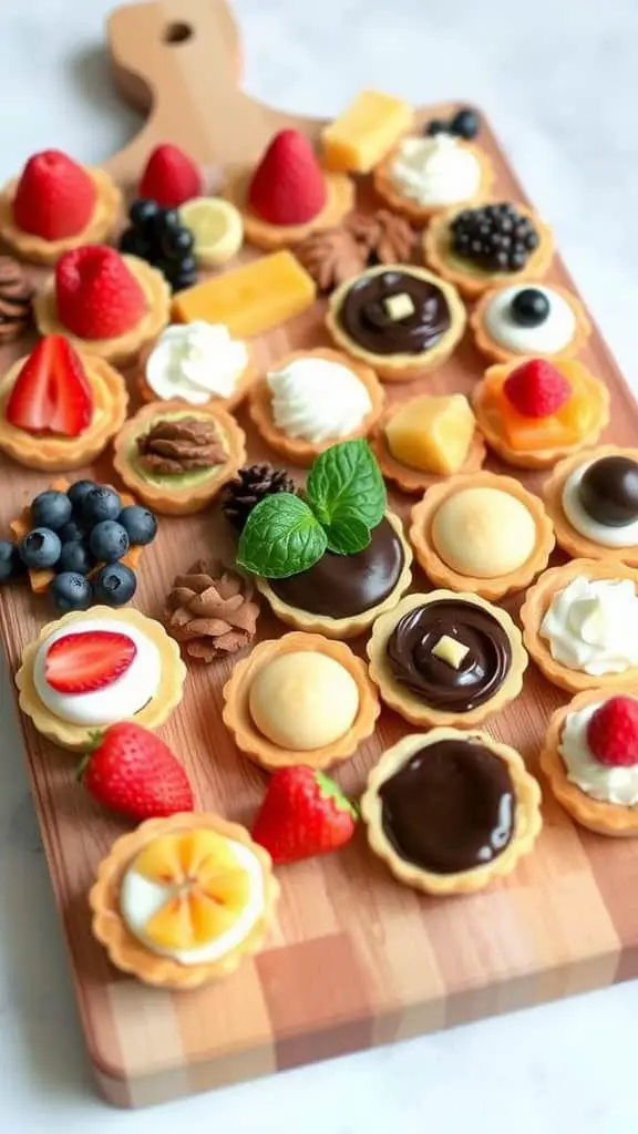 A beautifully arranged board of mini tarts with various toppings and flavors.