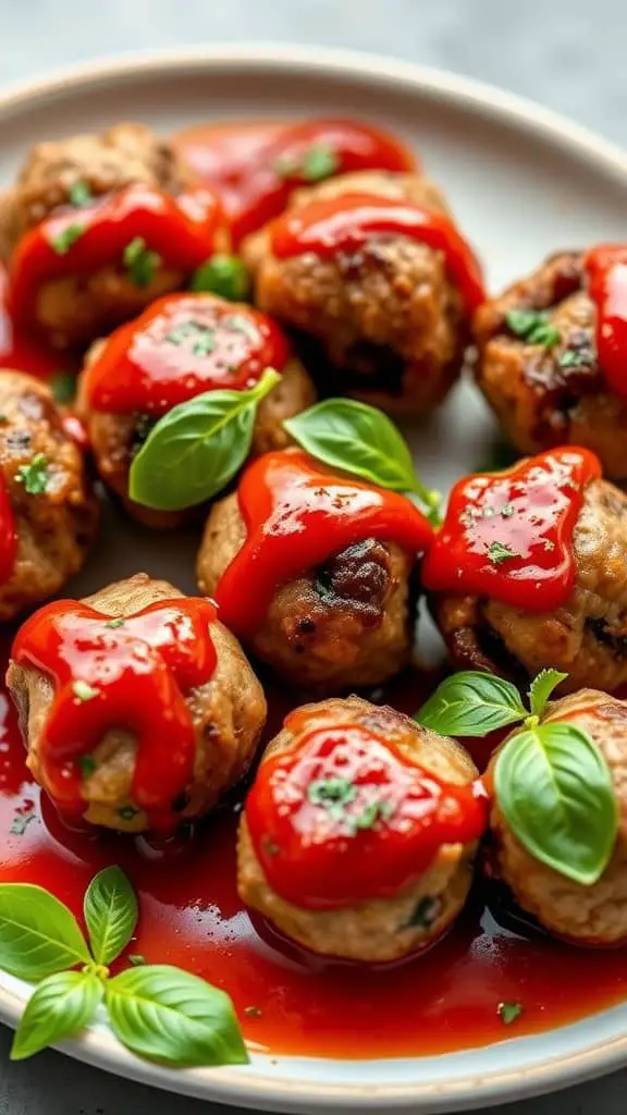 A plate of mini turkey meatballs topped with ketchup and garnished with fresh basil.