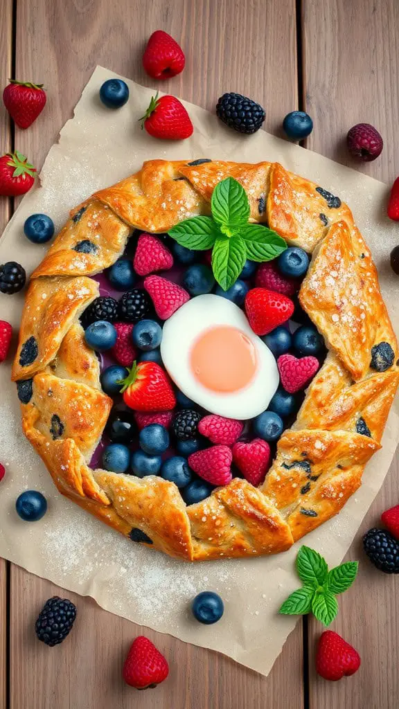 A mixed berry breakfast galette surrounded by fresh berries, featuring a center egg and garnished with mint.