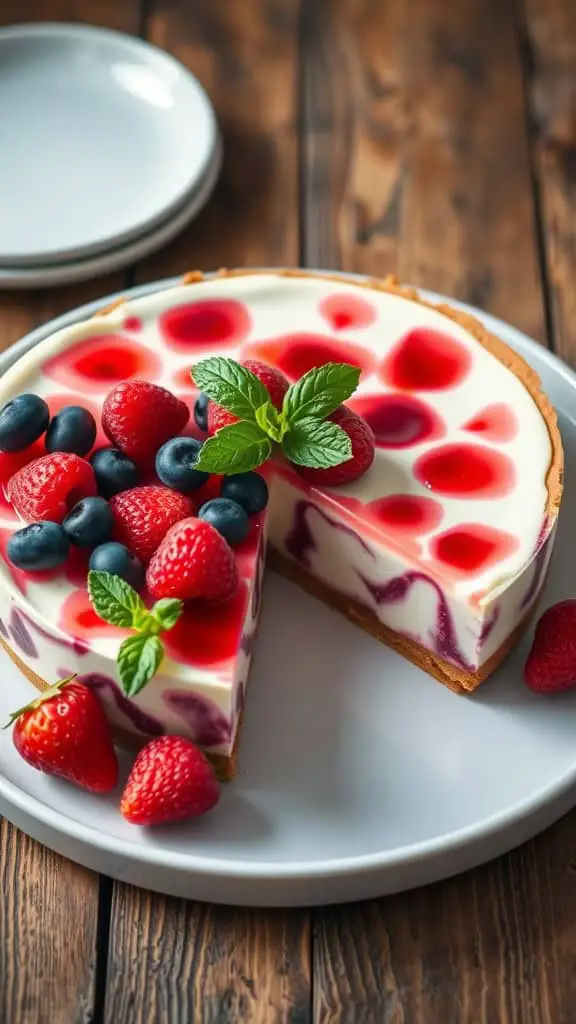 A slice of Mixed Berry Cream Cheese Jello Pie topped with fresh raspberries, blueberries, and a mint leaf, sitting on a wooden table.