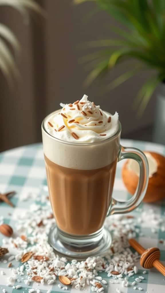 A delicious mocha almond coconut coffee creamer topped with whipped cream and almond sprinkles.