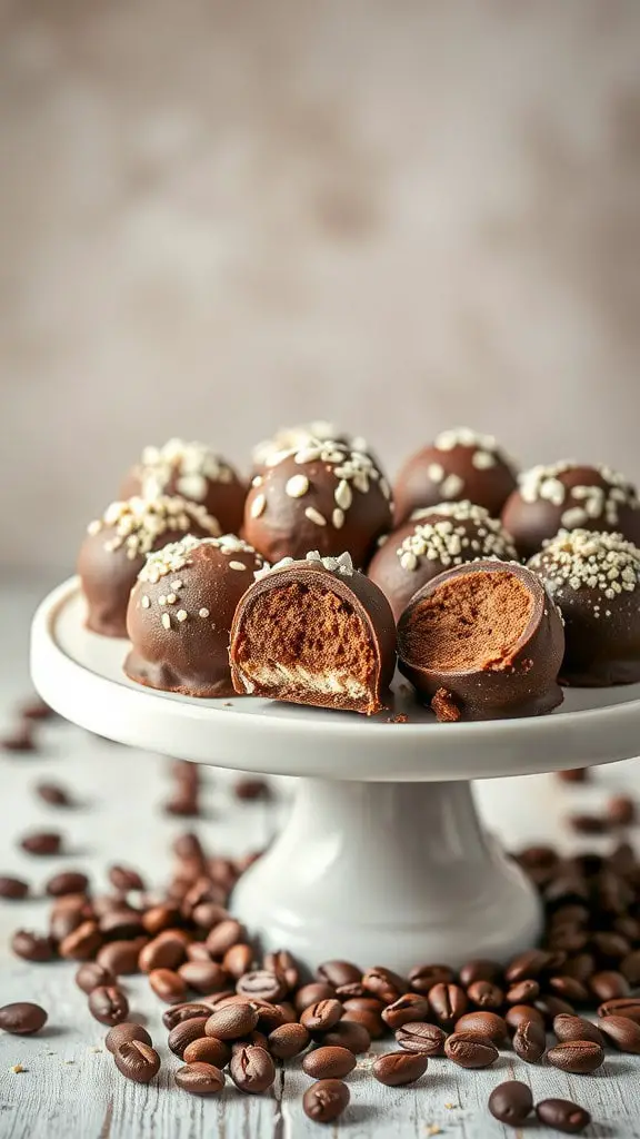 A plate of mocha cheesecake truffles, some with a bite taken out, surrounded by coffee beans.