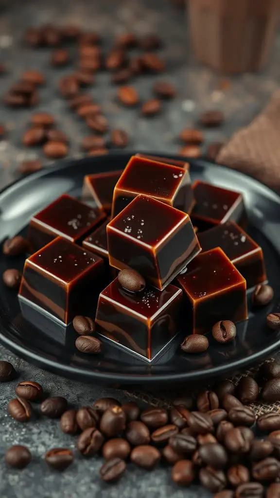 A plate of mocha coffee jello cubes surrounded by coffee beans