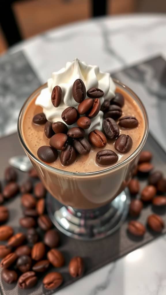 A jar of coffee-flavored chia pudding swirled with chocolate, topped with coffee beans and whipped cream, placed on a dark wooden table.
