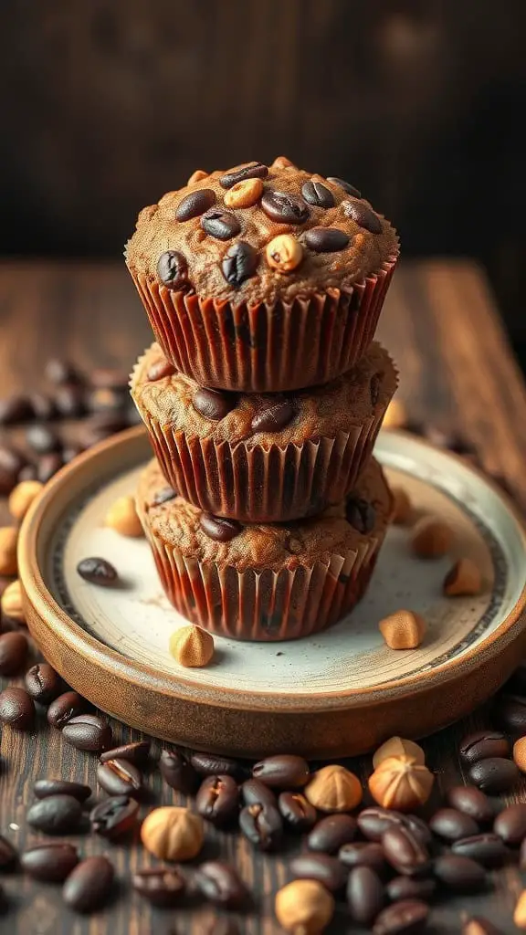 Three mocha hazelnut muffins stacked on a plate with coffee beans scattered around.