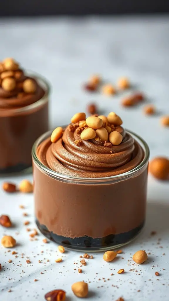 Mocha hazelnut coffee chocolate mousse served in glass cups, topped with hazelnuts.