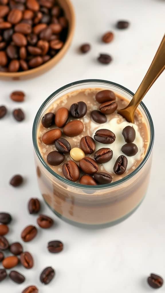 A jar of mocha hazelnut overnight oats topped with coffee beans, with a bowl of coffee beans in the background.