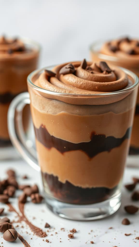 A close-up of mocha layered coffee chocolate mousse in clear cups, topped with chocolate chips.