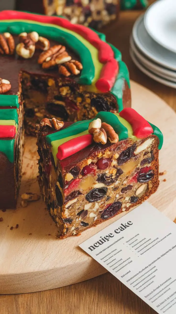 A Christmas fruit cake decorated with vibrant red and green icing, showcasing a moist texture filled with dried fruits and nuts.