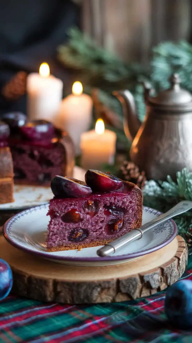 A slice of moist eggless plum cake topped with fresh plums, surrounded by candles and festive decor.