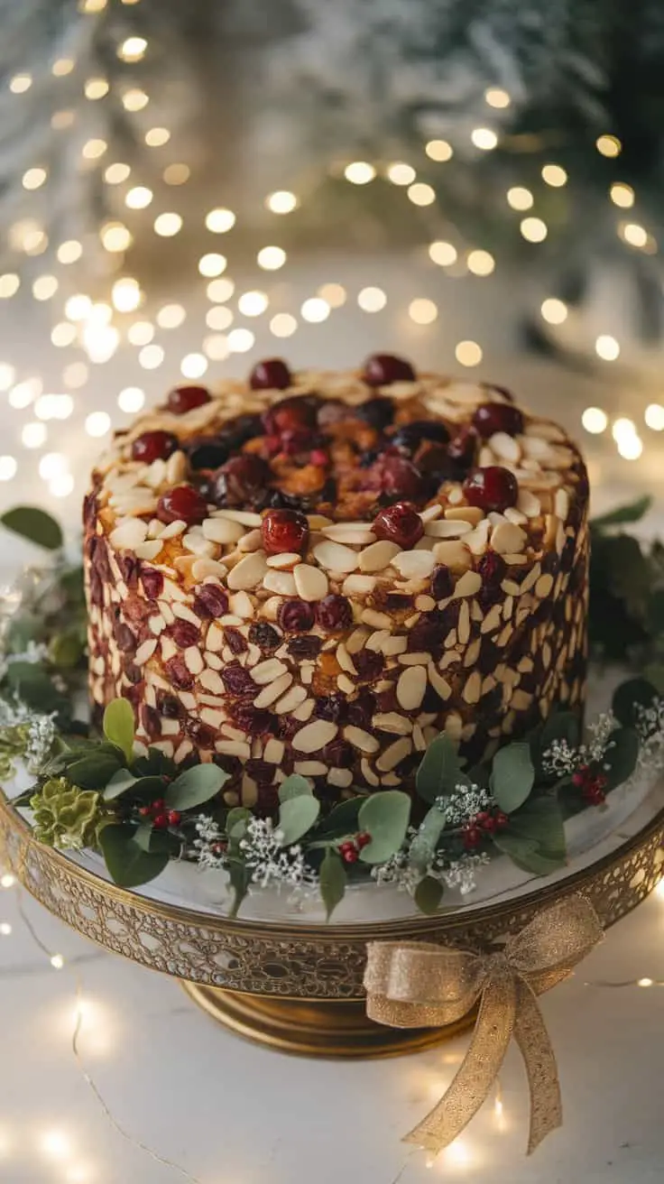 A beautifully decorated moist fruit cake topped with almonds and candied cherries, surrounded by greenery and fairy lights.