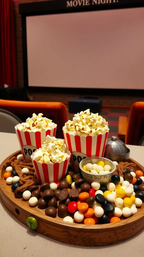 A wooden tray filled with popcorn and assorted candies for a movie night.