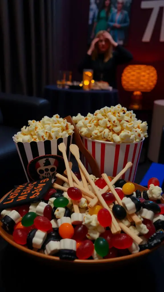 Colorful movie night snack platter featuring popcorn and a variety of candies.