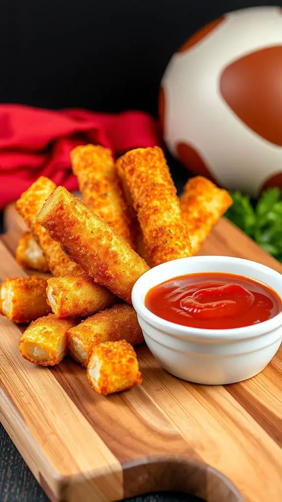 Plate of crispy mozzarella sticks with marinara sauce and a football in the background.