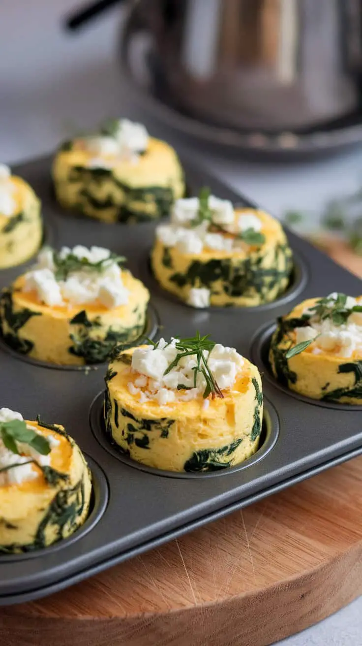 Muffin tin filled with keto egg bites featuring spinach and feta cheese