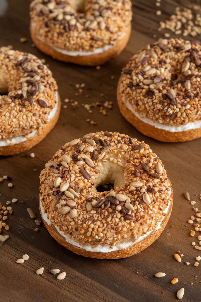 Four multigrain cottage cheese bagels topped with seeds on a wooden surface.