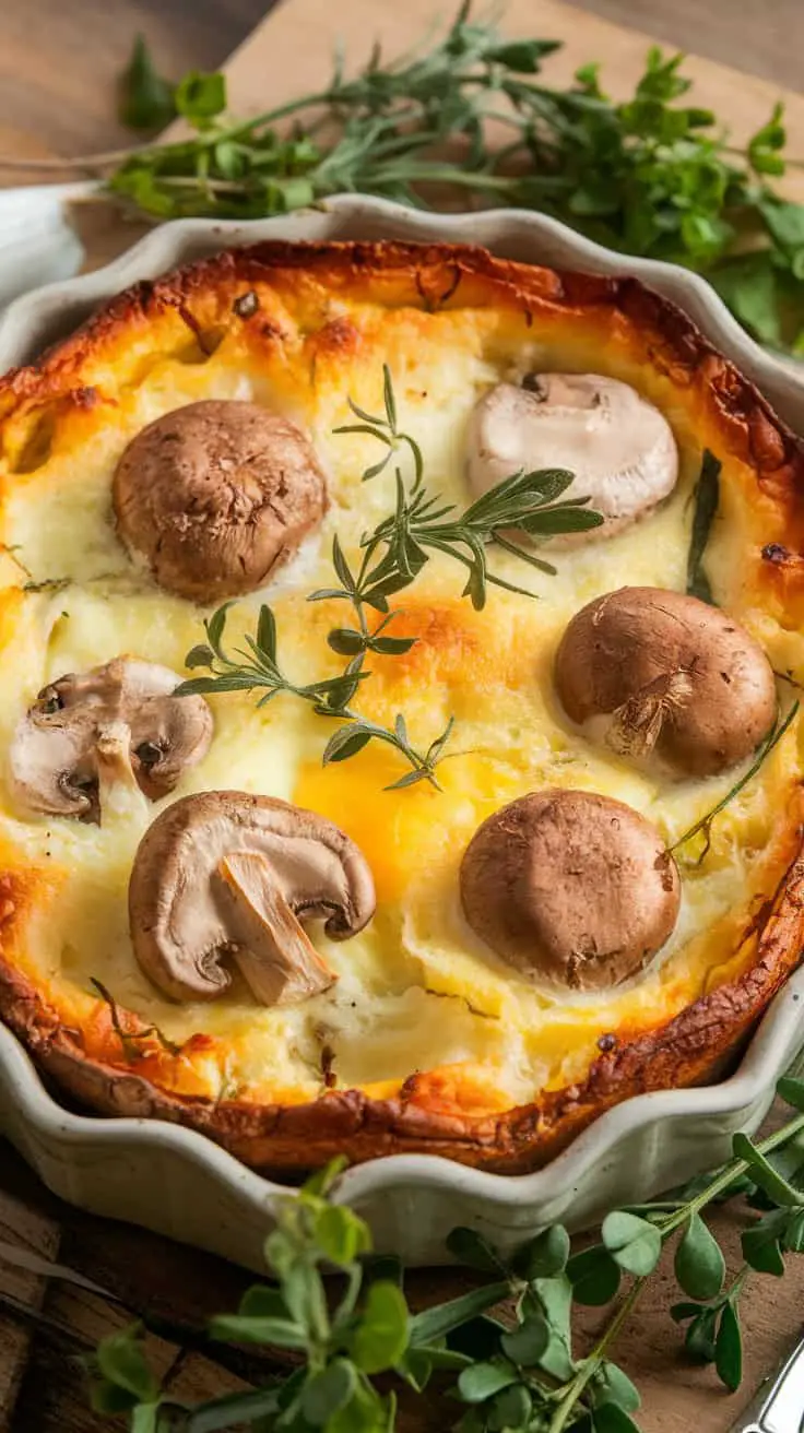 Mushroom and Swiss Egg Casserole topped with herbs