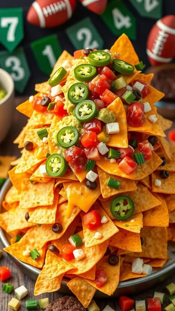 A colorful plate of Nachos Supreme topped with cheese, jalapeños, and tomatoes, surrounded by football-themed decor.