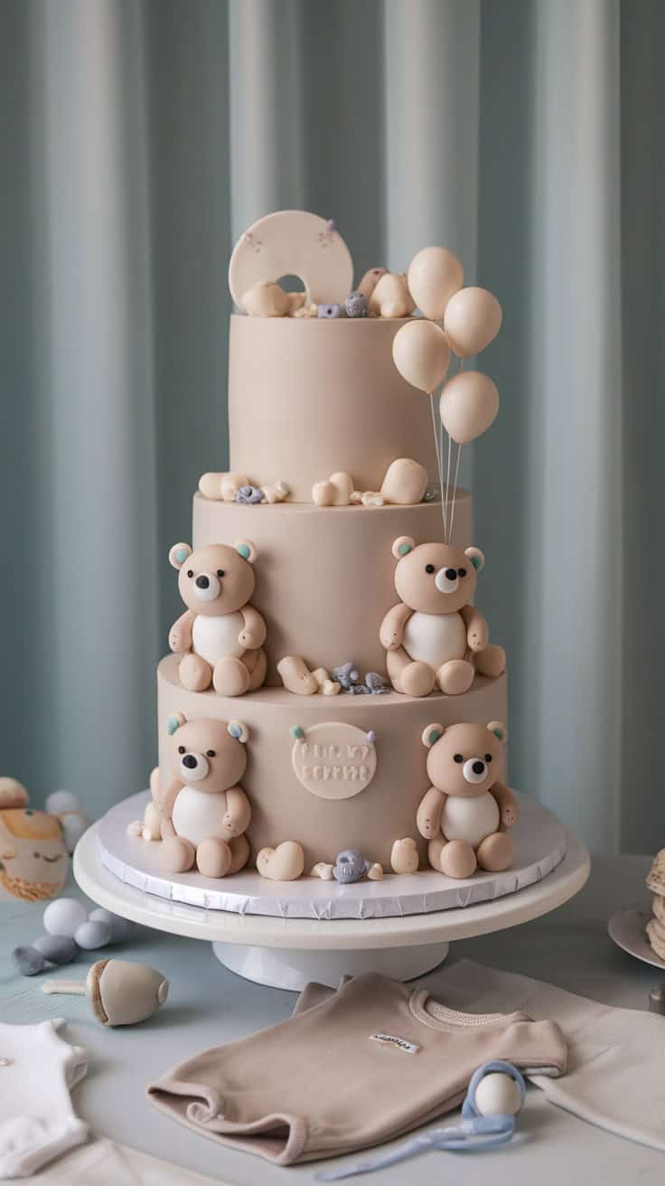 A three-tiered neutral bear baby shower cake adorned with cute bear figurines and pastel decorations