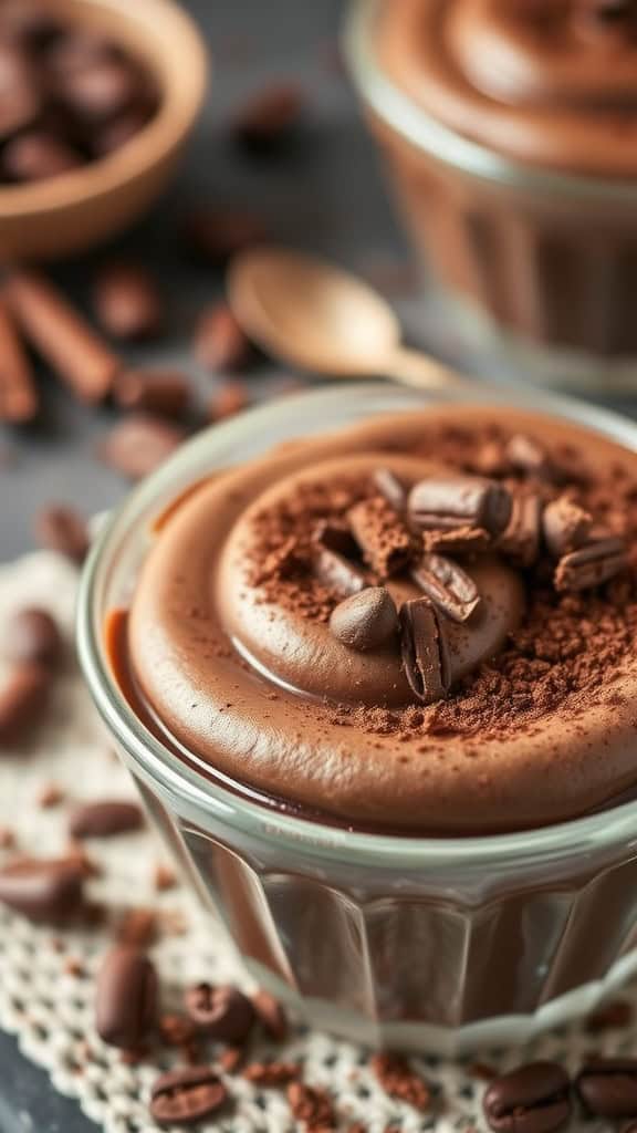 A delicious serving of no-bake coffee chocolate mousse topped with coffee beans and cocoa powder, presented in a glass cup.