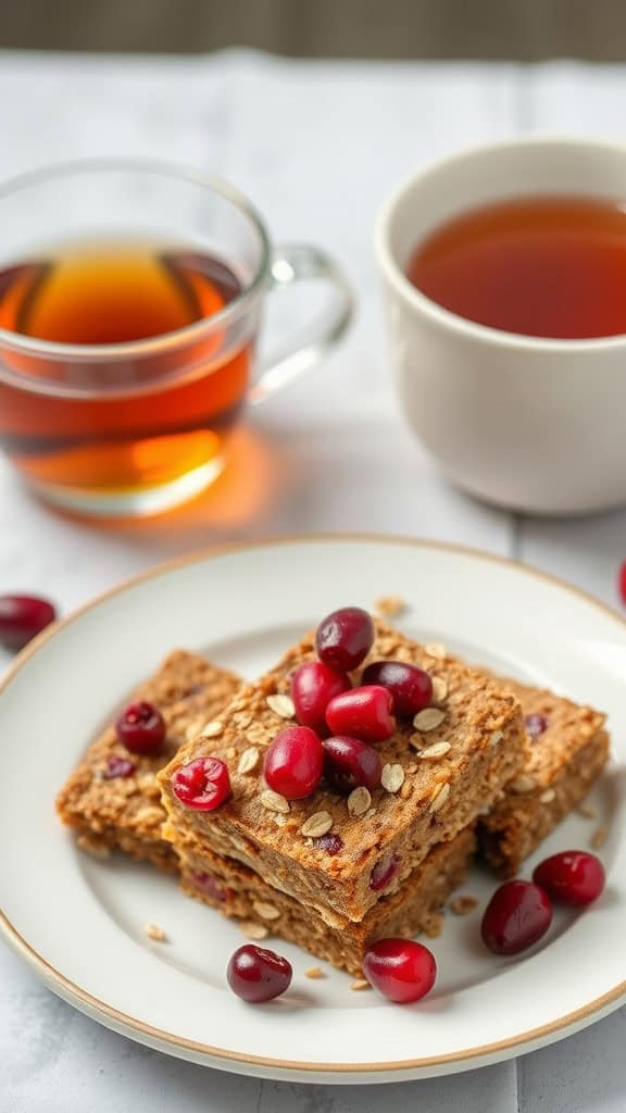 A stack of cranberry oat bars topped with fresh cranberries on a plate next to cups of tea.