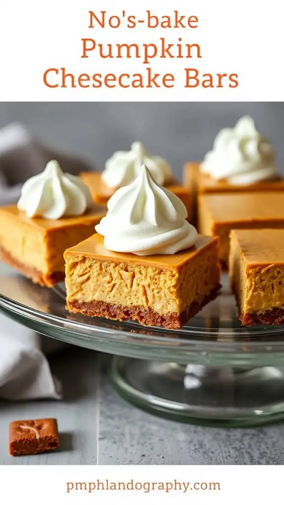 No-bake pumpkin cheesecake bars with whipped cream on top displayed on a glass platter.