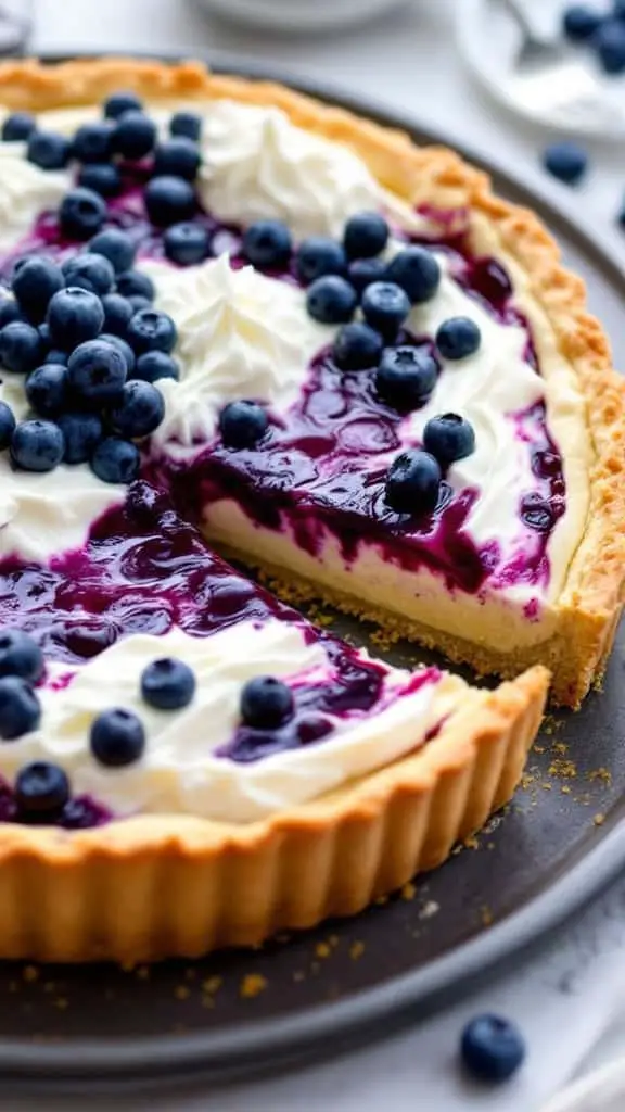 A delicious no-crust cottage cheese blueberry tart topped with fresh blueberries
