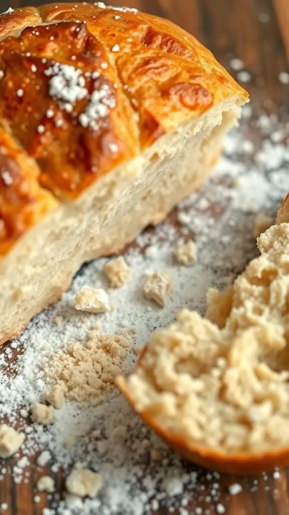 A freshly baked loaf of Dutch oven bread with a crispy crust and fluffy interior