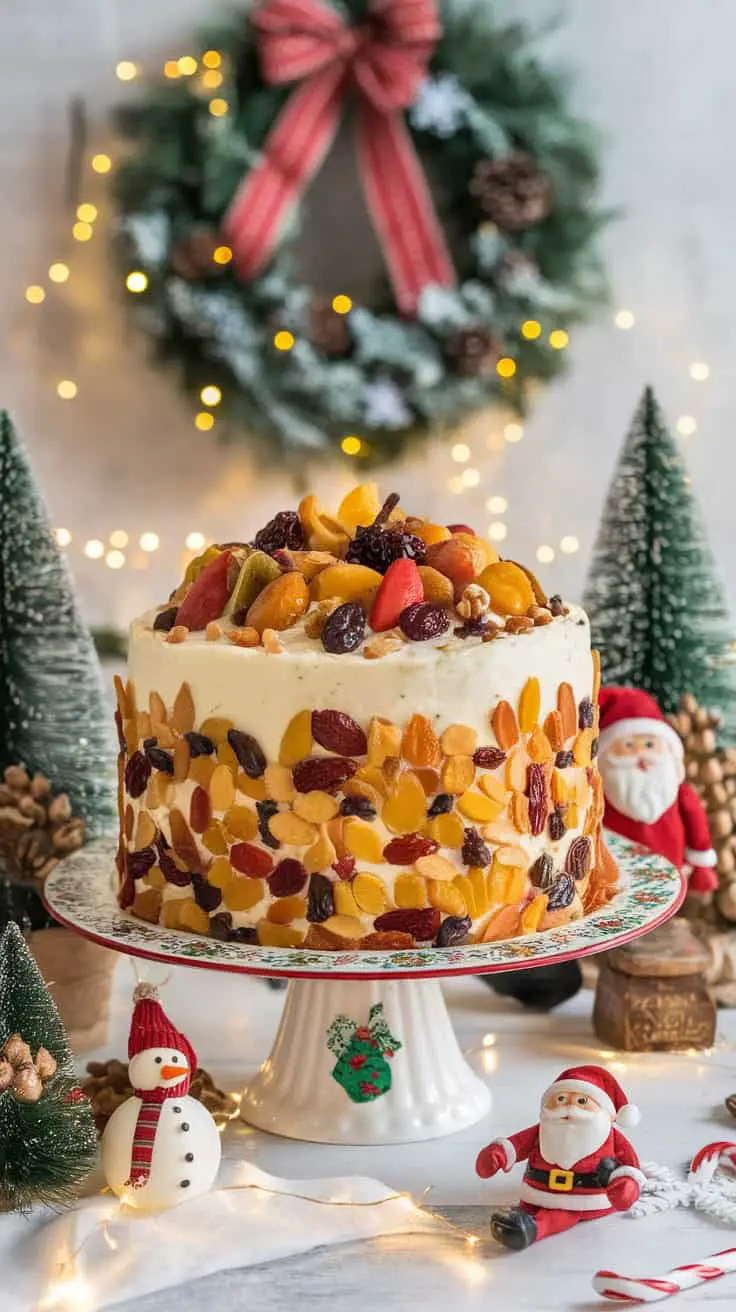 A festive No-Soak Moist Christmas Fruit Cake decorated with dried fruits, surrounded by holiday decor.