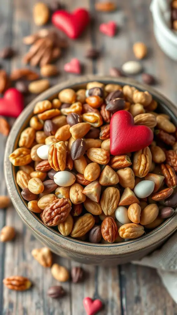 A bowl filled with various nuts and seeds, decorated with small red heart shapes.