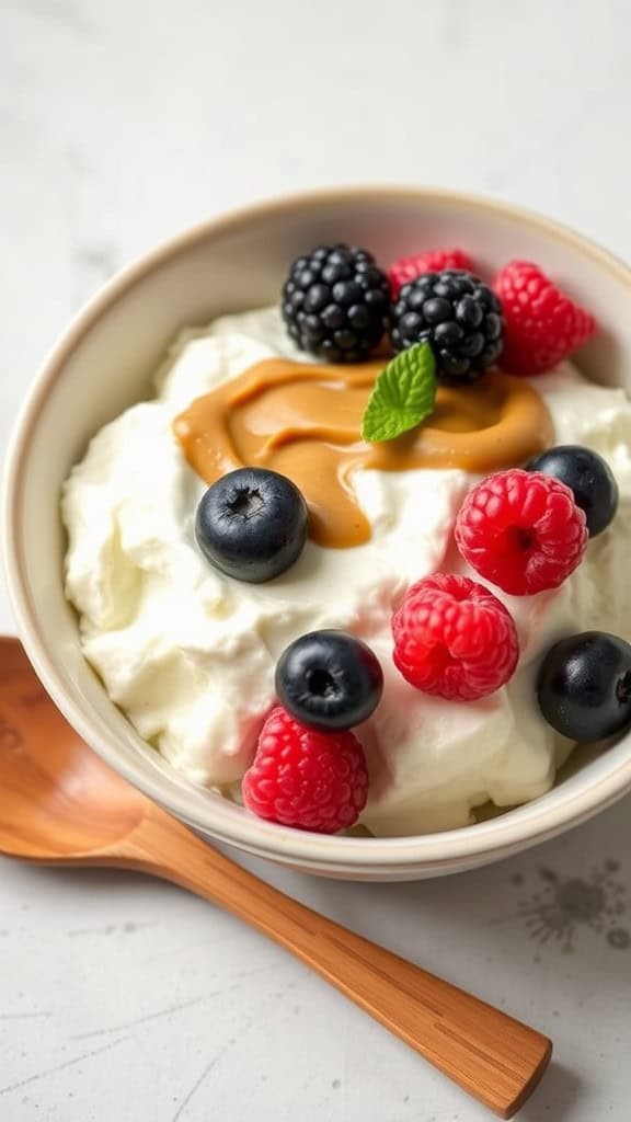 A delicious bowl of cottage cheese topped with nut butter and fresh berries.