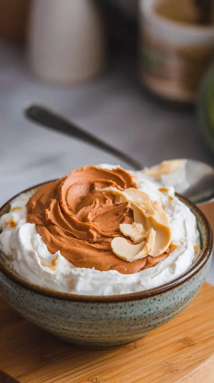 A bowl filled with creamy nut butter swirls and topped with almond slices, set on a wooden surface.