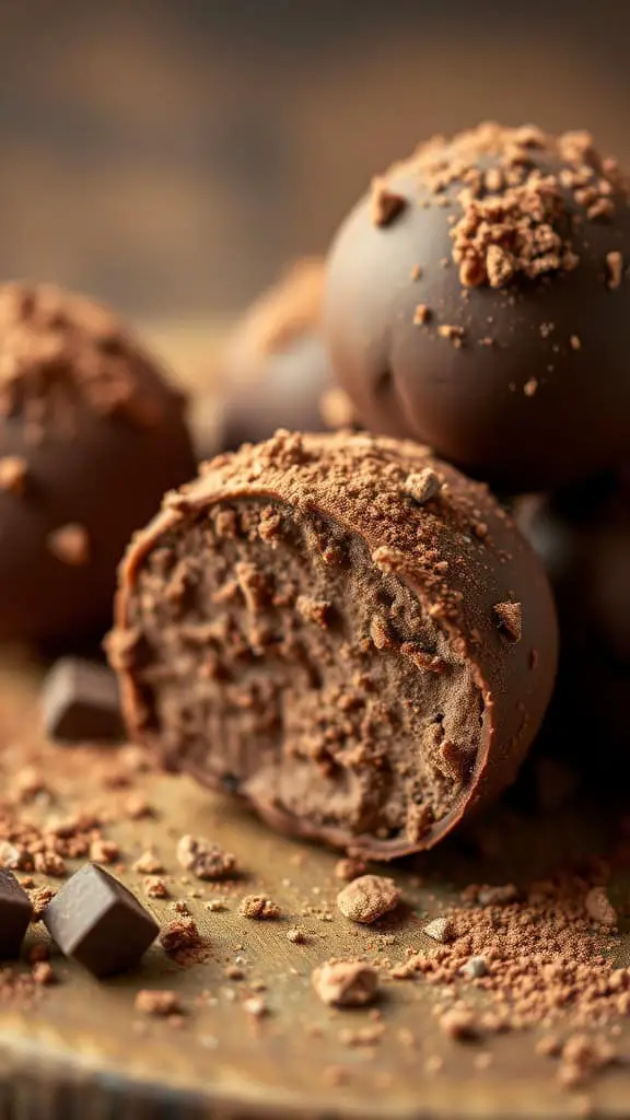 Close-up of Nutella mocha truffles with a bite taken out, showcasing a creamy filling