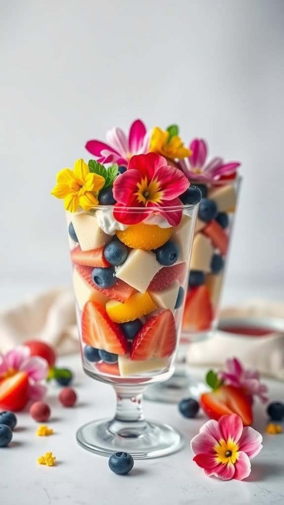 Colorful fruit parfaits layered with strawberries, blueberries, and edible flowers in clear glasses.