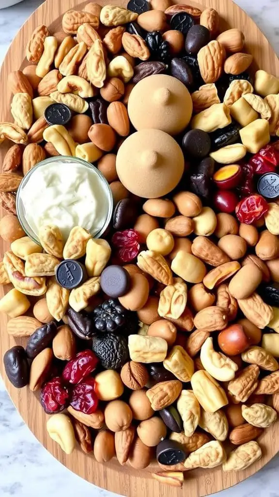 A beautifully arranged nuts and nougat treat board with a variety of sweet treats and nuts, including a creamy dip in the center.