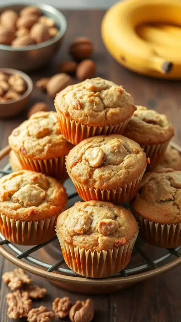 A plate of freshly baked nutty banana bread muffins with almonds and walnuts in the background.