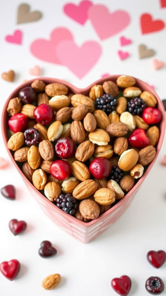 A heart-shaped bowl filled with a mix of nuts and berries, surrounded by heart-shaped decorations.