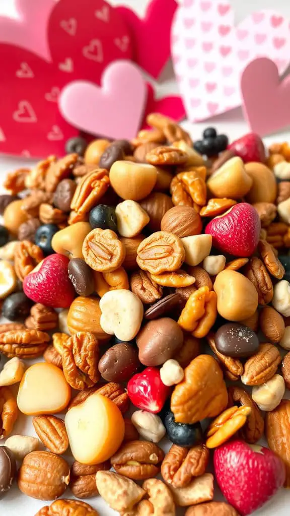 A colorful assortment of nuts and snacks with heart-shaped decorations in the background