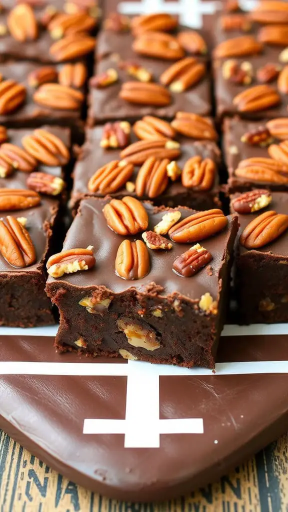 Delicious Nutty Pecan Fudge Brownies topped with whole pecans on a football-themed platter.