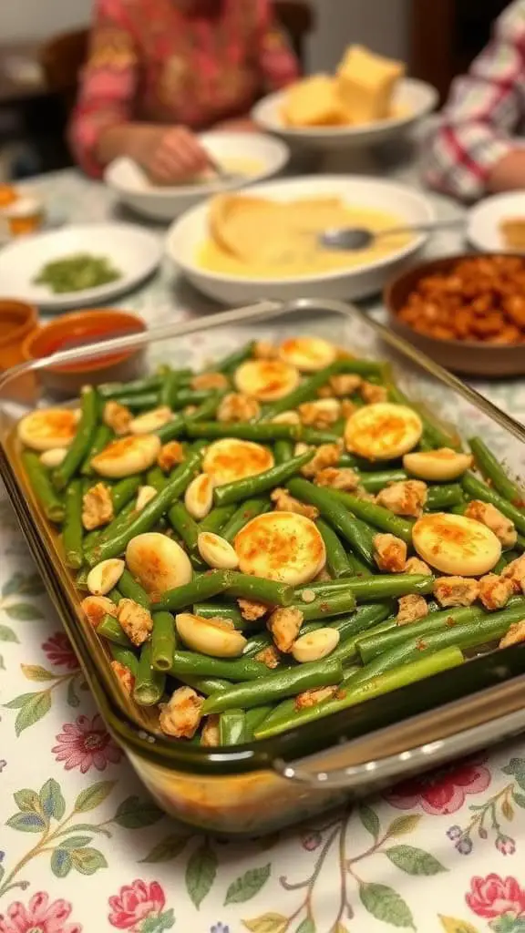 A glass dish filled with green bean casserole, featuring green beans and boiled egg slices, with other dishes in the background.