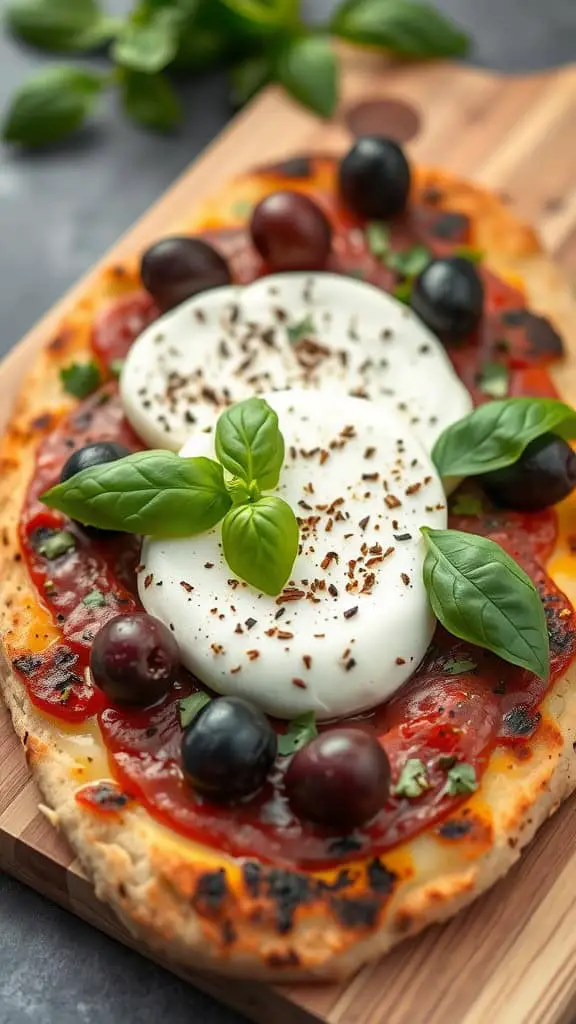 Olive and mozzarella flatbread topped with fresh basil and olives