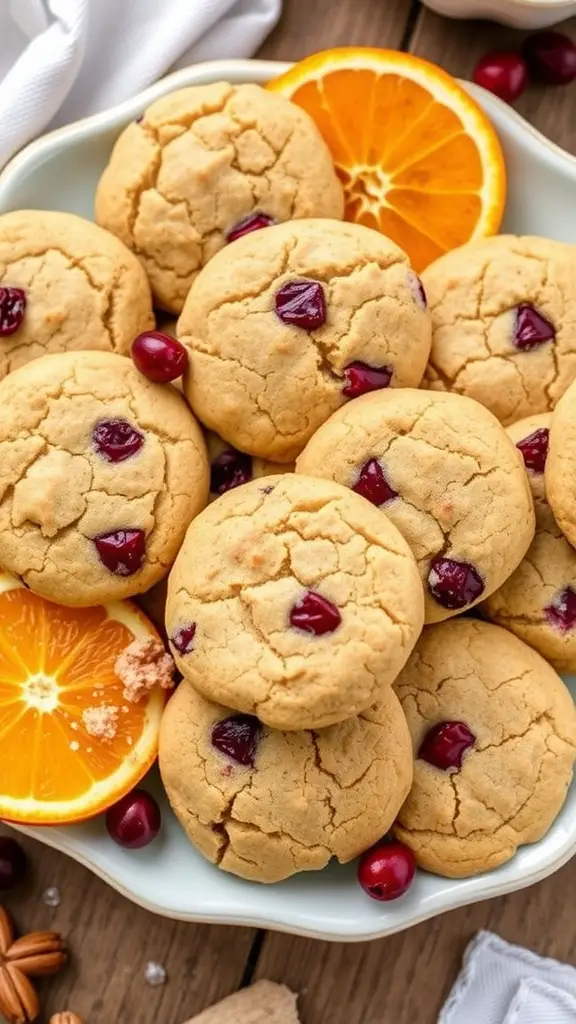 A plate of orange cranberry breakfast cookies with fresh orange slices and cranberries.