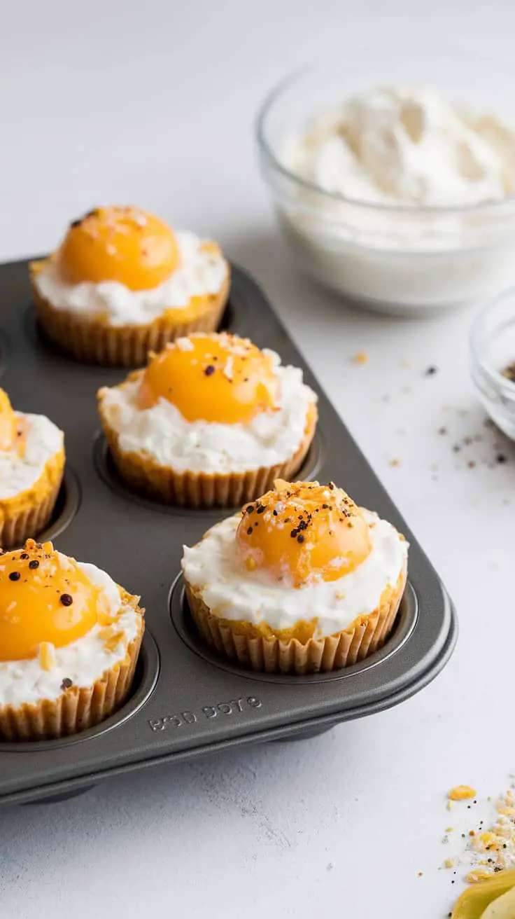Oven-baked cottage cheese egg bites in a muffin tin, topped with egg yolks.